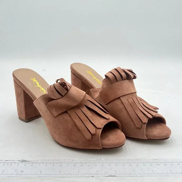 XYD Tan Open Toe Mules with Fringe High Chunky Heels Summer Slides Sandal - Picture 4 of 8